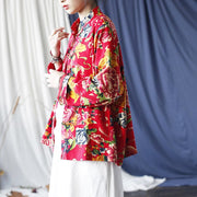 Buddha Stones Ethnic Red Flower Peony Frog-Button Cotton Linen Long Sleeve Shirt Jacket With Pockets 4