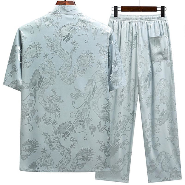 Buddha Stones Dragon Pattern Tang Suit Hanfu Traditional Uniform Short Sleeve Top Pants Clothing Men's Set Men's Meditation Cloth BS 1