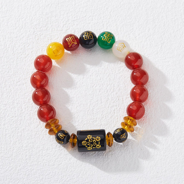 Buddha Stones Five Elements Black Onyx Red Agate Wisdom Wealth Bracelet Bracelet BS 10mm Red Agate(Wrist Circumference: 14-16cm)