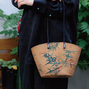 Buddha Stones Vintage Bamboo Magpie Peony Butterfly Large Capacity Shoulder Bag Handbag