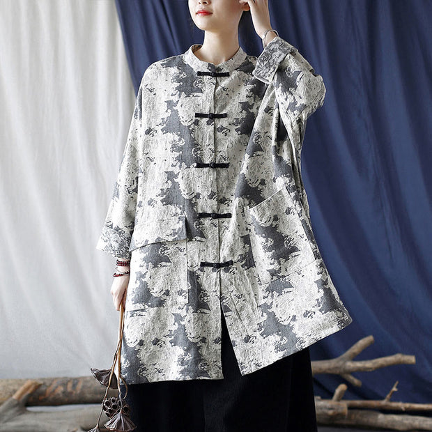 Buddha Stones Black Gray Beige Print Frog-button Design Long Sleeve Cotton Linen Jacket Shirt With Pockets