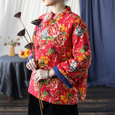 Buddha Stones Flowers Cotton Linen Jacket Shirt Chinese Northeast Style Winter Clothing 1