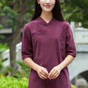 Buddha Stones 2Pcs Half Sleeve V-Neck Shirt Top Pants Meditation Zen Tai Chi Linen Clothing Women's Set Women's Meditation Cloth BS 13
