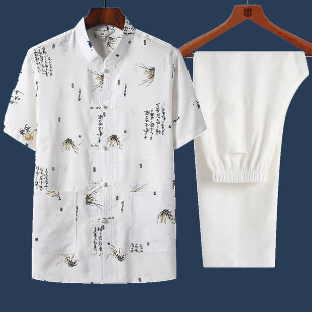 Buddha Stones 2Pcs Frog-Button Fu Character Dragon Bamboo Leaf Short Sleeve Shirt Pants Men's Set 2-Piece Outfit BS White Bamboo Leaf 4XL(Fit for USUK/AU46; EU56)