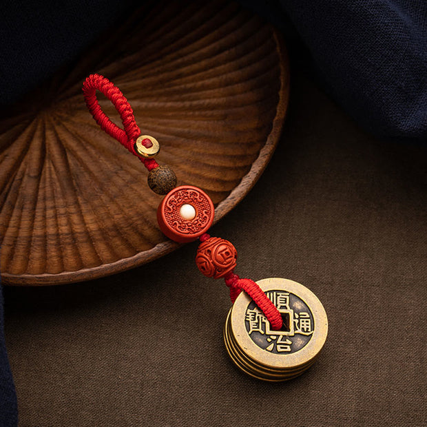 Buddha Stones Feng Shui Five Emperor Coins Luck Bodhi Seed Money Wealth Keychain