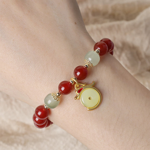 Buddha Stones Year of the Dragon Red Agate Jade Peace Buckle Fu Character Success Bracelet Bracelet BS 3