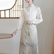 Buddha Stones Long Sleeve Shirt Top Chinese Hanfu Crane Lotus Printed Horse Face Skirt Mamianqun Riding Skirt BS 15