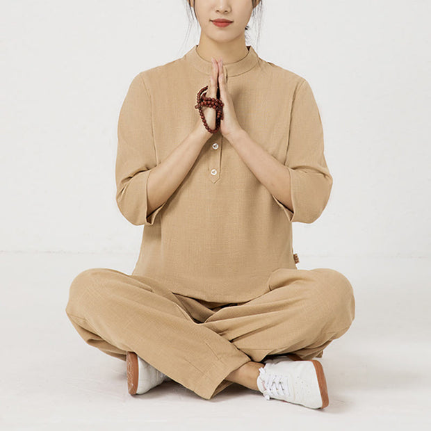 Buddha Stones 2Pcs Solid Color Three Quarter Shirt Top Pants Meditation Zen Tai Chi Cotton Linen Clothing Women's Set