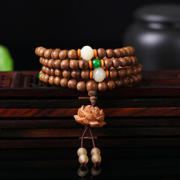 Buddha Stones 108 Mala Beads Peach Wood White Jade Lotus Prayer Meditation Bracelet
