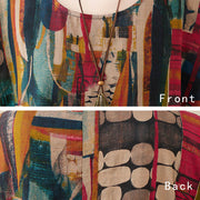 Buddha Stones Colorful Graphics Midi Dress Cotton Half Sleeve Tunic Dress With Pockets