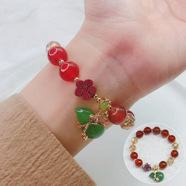 Buddha Stones Natural Red Agate Green Agate Gourd Cinnabar Flower Beads Confidence Bracelet 15