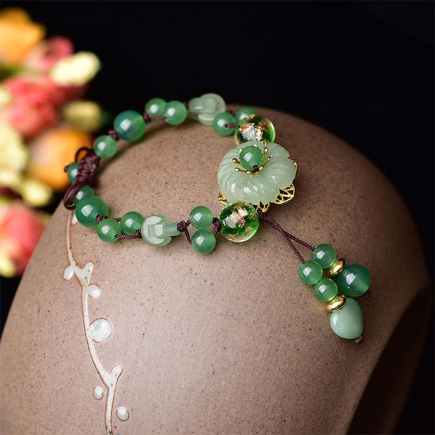 Buddha Stones Natural Green Jade Luck Dangling Flower Bracelet Bracelet BS 3