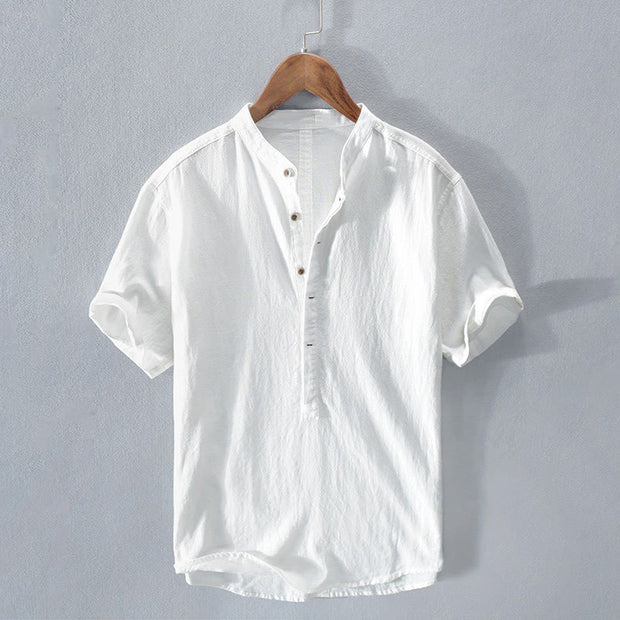 Buddha Stones Solid Color Short Sleeve Half Button Shirt Cotton Linen Men Clothing