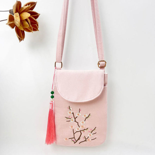 Buddha Stones Small Embroidered Flowers Crossbody Bag Shoulder Bag Double Layer Cellphone Bag Crossbody Bag BS Pink Peach Blossom 13.5*19.5*2.5cm