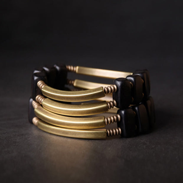Buddha Stones Tibetan Ebony Wood Brass Copper Balance Double Layer Bracelet - image 10