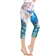 Buddha Stones Lotus Cherry Blossom Gradient Peacock Print Lycra Fabric Sports Cropped Leggings Women's Yoga Capri Pants Women's Capri Pants BS Peacock Flower XL(Fit for US8-10; UK/AU12-14; EU40-42)