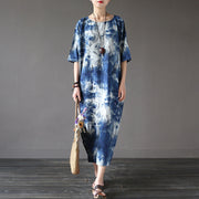 Buddha Stones Ink Tie Dye Midi Dress Three Quarter Sleeve Cotton Linen Dress With Pockets 9