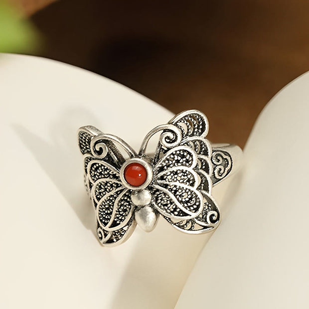 Buddha Stones 925 Sterling Silver Red Agate Butterfly Self-acceptance Ring Earrings Set