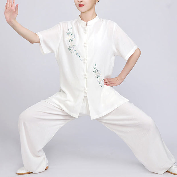 Buddha Stones White Flowers Embroidery Meditation Prayer Spiritual Zen Tai Chi Qigong Practice Unisex Clothing Set