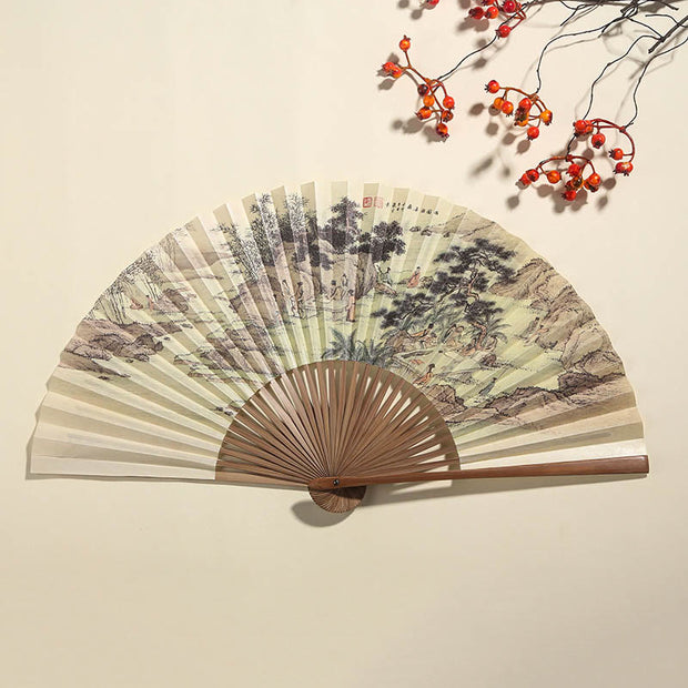 Buddha Stones Pine Tree Garden Peony Handheld Paper Bamboo Folding Fan 26cm 5