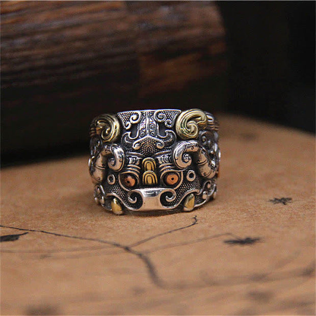 Buddha Stones 925 Sterling Silver Fengshui Kui Cattle Protection Adjustable Ring