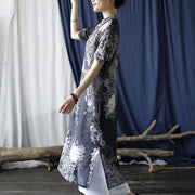 Buddha Stones Ramie Linen Blue Flowers Leaves Cheongsam Dresses Short Sleeve Dress 18
