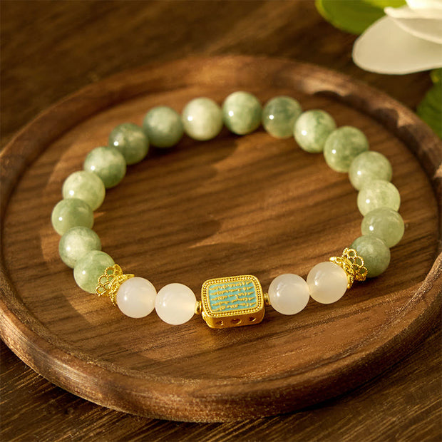 Buddha Stones Natural Green Jade White Agate Five Scriptures Abundance Bracelet Bracelet BS 5