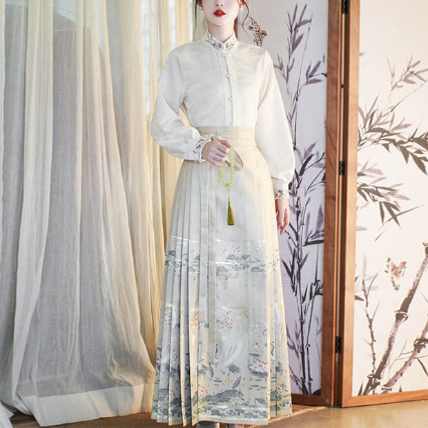 Buddha Stones Long Sleeve Shirt Top Chinese Hanfu Crane Lotus Printed Horse Face Skirt Mamianqun Riding Skirt BS 12