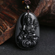 Buddha Stones Chinese Zodiac Natal Buddha Natural Black Obsidian Purification Necklace Pendant