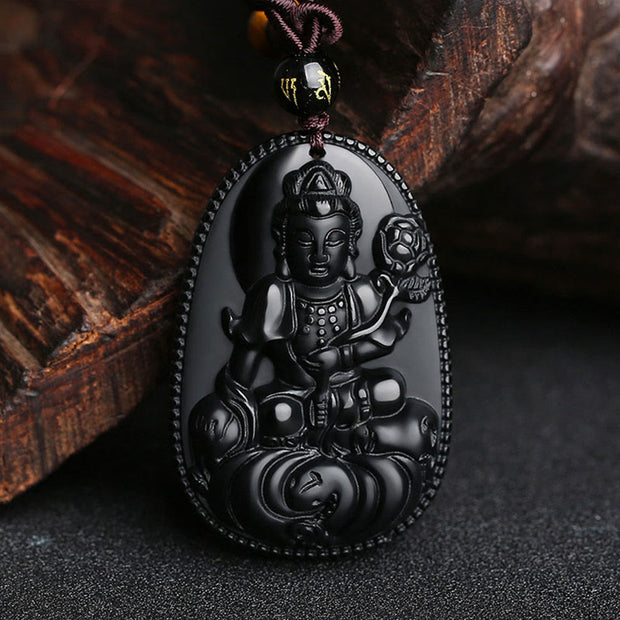 Buddha Stones Chinese Zodiac Natal Buddha Natural Black Obsidian Purification Necklace Pendant Necklaces & Pendants BS Snake-Samantabhadra Bodhisattva