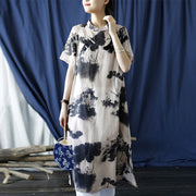 Buddha Stones Ramie Linen Ink Lotus Leaf Cheongsam Dresses Short Sleeve Dress 21