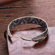 Buddha Stones Feather Pattern Carved Luck Wealth Cuff Bracelet Bangle