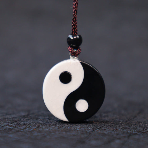 Buddha Stones Natural Black Obsidian White Turquoise Yin Yang Fulfilment Strength Necklace Pendant 2