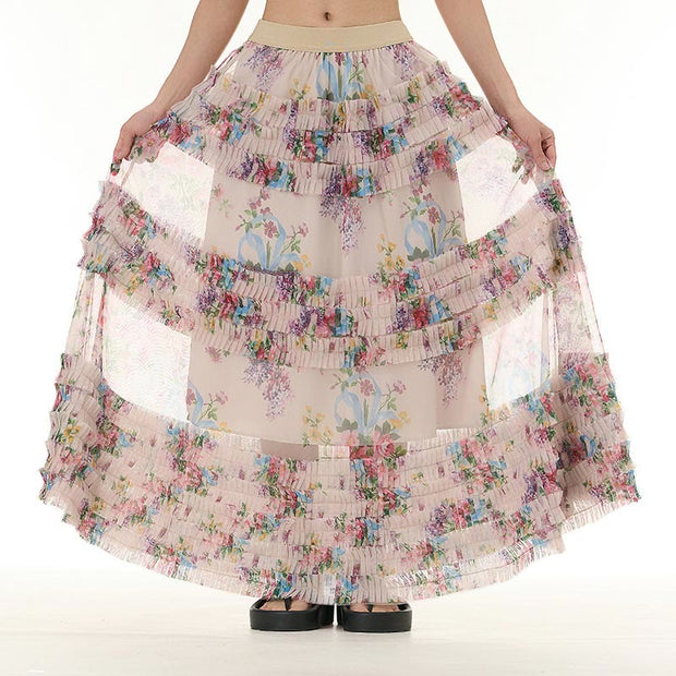 Buddha Stones Colorful Flowers Loose Mesh Tulle Skirt See-Through Design 3