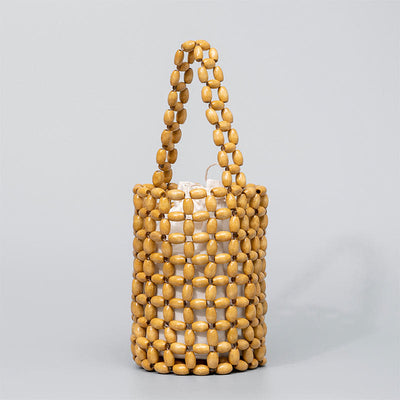 Buddha Stones Hand-woven Crude Wooden Beads Handbag Handbags BS Brown 12*12*17cm