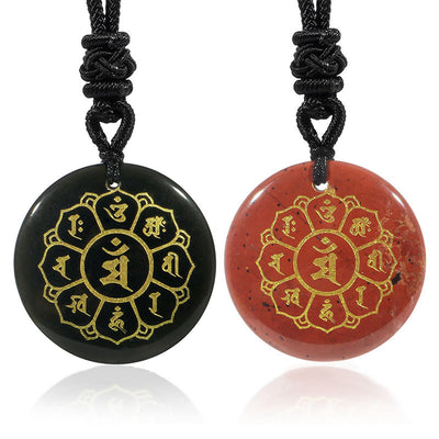 Buddha Stones Om Mani Padme Hum Natural Various Crystal Black Obsidian Strength Necklace Pendant 1