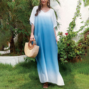 Buddha Stones V-Neck Batwing Sleeve Gradient Maxi Dress Casual Cover-Up Split Design
