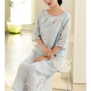 Buddha Stones Flower Print Half Sleeve Ramie Linen Chinese Cheongsam Midi Dress With Pockets