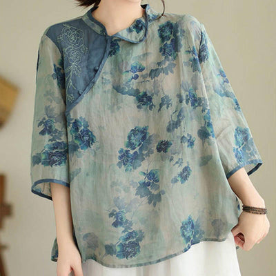 Buddha Stones Blue Jacaranda Flower Design Three Quarter Sleeve Ramie Linen Shirt Women's Shirts BS 3XL(Fit for US16; UK/AU20; EU48)(Top Only)