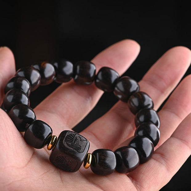 Buddha Stones Tibetan Ebony Wood Barrel Beads Lucky And Treasure Balance Bracelet 7