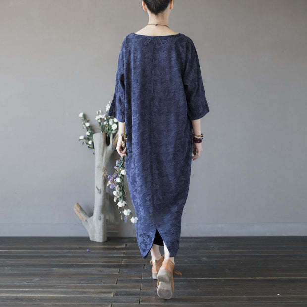 Buddha Stones Blue Flowers Embroidery Jacquard Midi Dress Three Quarter Sleeve Cotton Dress With Pockets 4