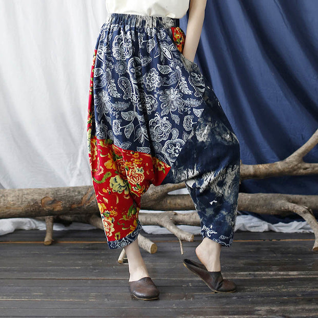 Buddha Stones Blue Red Peony Flowers Patchwork Cotton Linen Harem Pants With Pockets