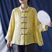 Buddha Stones Yellow Phoenix Print Frog-button Design Long Sleeve Ramie Linen Jacket Shirt