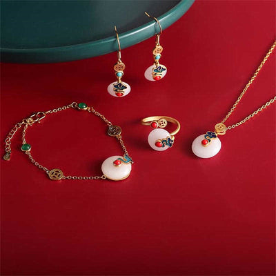 Buddha Stones White Jade Auspicious Cloud Fortune Bracelet Ring Earrings Necklace Bracelet BS Set (Bracelet+Ring+Earrings+Necklace)