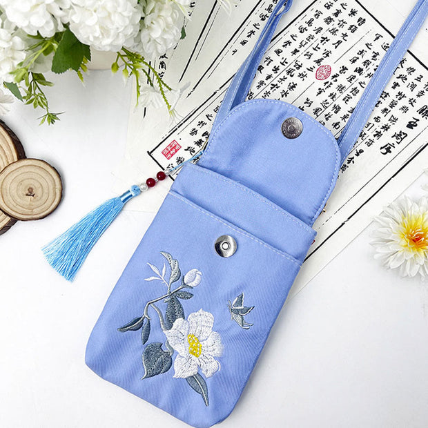 Buddha Stones Small Embroidered Flowers Crossbody Bag Shoulder Bag Double Layer Cellphone Bag Crossbody Bag BS 36