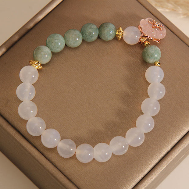 Buddha Stones White Agate Jade Flower Charm Luck Protection Bracelet Bracelet BS 3