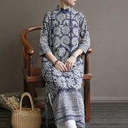Buddha Stones Blue And White Porcelain Pattern Frog-button Midi Dress Three Quarter Sleeve Linen Batik Dress With Pockets 15