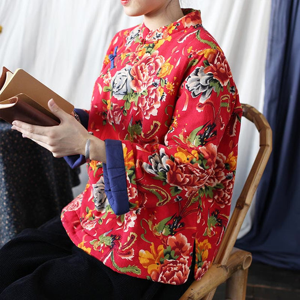 Buddha Stones Flowers Cotton Linen Jacket Shirt Chinese Northeast Style Winter Clothing 19