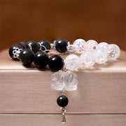 Buddha Stones Silver Sheen Obsidian Crackle Clear Quartz Black Rutilated Quartz Yin Yang Lotus Protection Bracelet