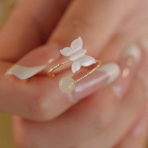 Buddha Stones 14k Gold Plated Round Hetian Jade Tridacna Stone Peach Blossom Flower Butterfly Prosperity Adjustable Ring (Extra 35% Off | USE CODE: FS35) - Butterfly - image 5